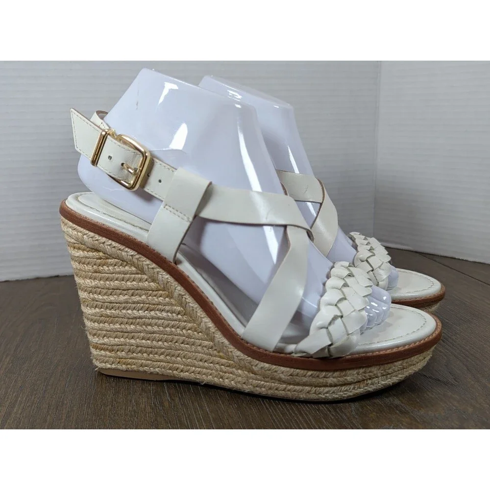 Antonio Melani Strappy Braided Raffia Wedges Sandals Women's 6 White Leather